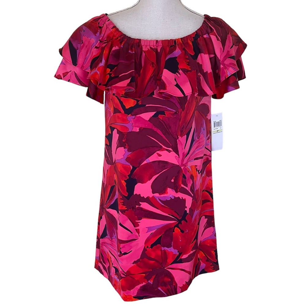 London Times Pink/Navy Floral Ruffle Shoulder Short Sleeve Shift Dress 4P